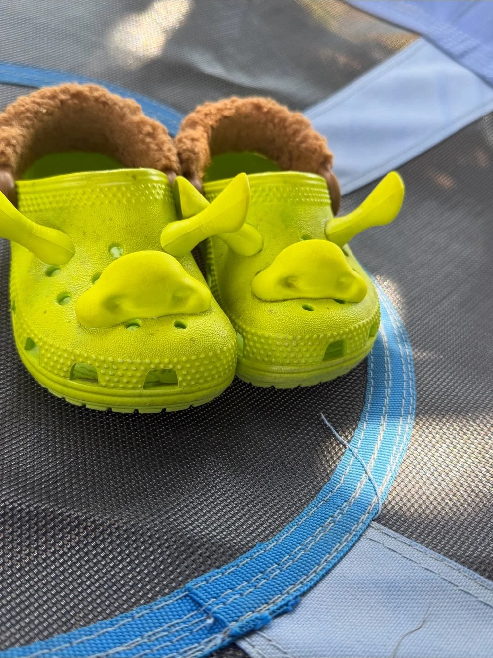 CROCS Kids Neon Lime Clog Sandals with Brown Faux Fur Trim